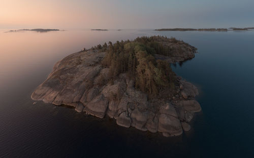 Islands in the bay during white nights. nordic nature. aerial panorama.