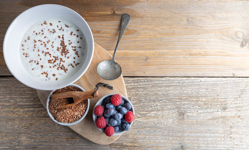 High angle view of breakfast on table