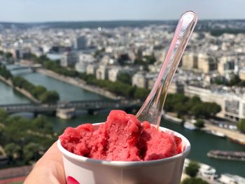 Close-up of hand holding strawberry ice cream with panoramic scenic view of paris from the eiffel to