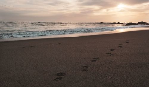 Scenic view of beach against sky during sunset