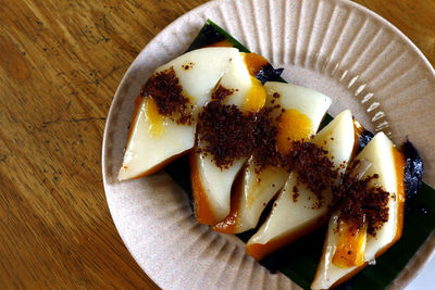 High angle view of dessert in plate on table