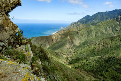 Scenic view of sea and mountains against sky