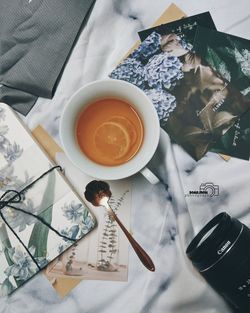 High angle view of tea cup on table