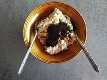 High angle view of breakfast served on table