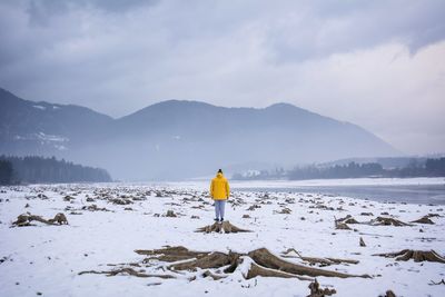 Rear view of man standing on tree stump