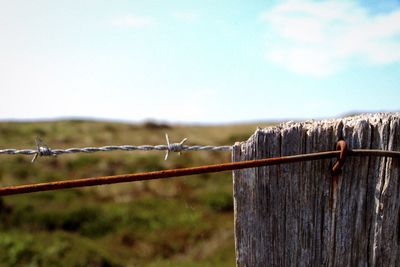Barbed wire on wooden post