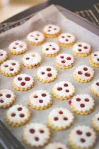 High angle view of cookies in baking sheet