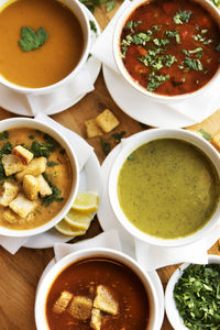 High angle view of soup in bowl on table