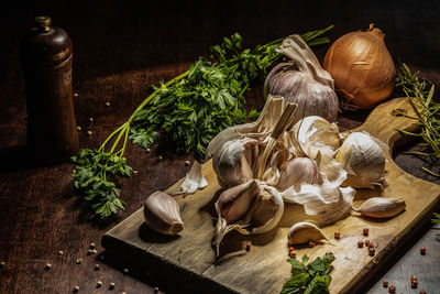 Close-up of chopped vegetables on cutting board