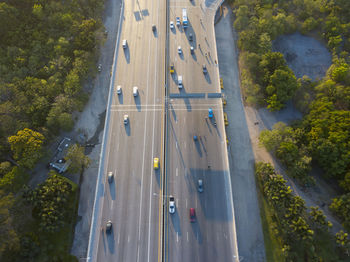 High angle view of cars on road against sky