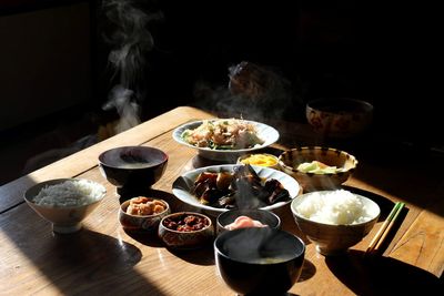 High angle view of food served on table