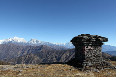 Low angle view of snow covered mountain against clear blue sky