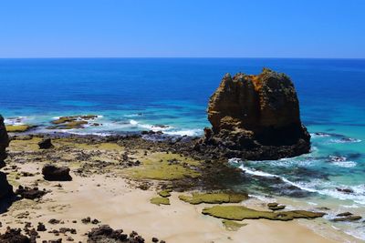 Scenic view of sea against clear blue sky