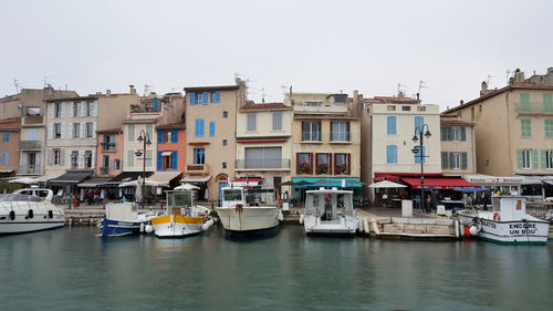 Boats moored in river by buildings against sky