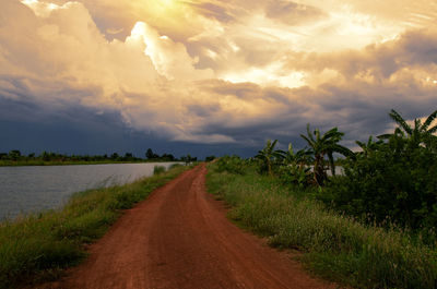 Road amidst trees against sky during sunset