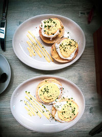 High angle view of breakfast served on table