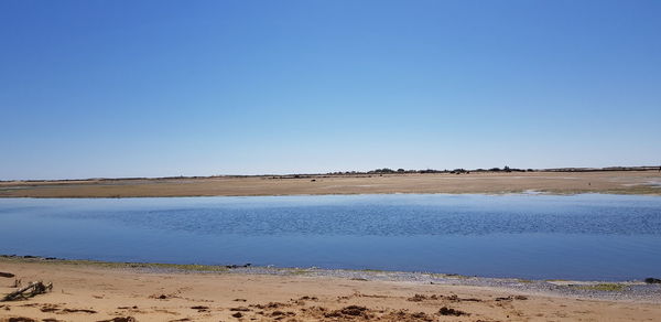 Scenic view of beach against clear blue sky