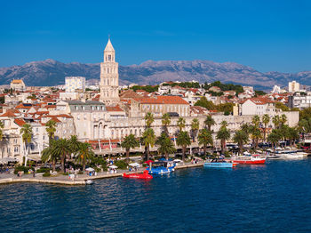 High angle view of city at waterfront