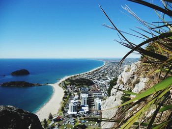 Panoramic view of sea against clear blue sky