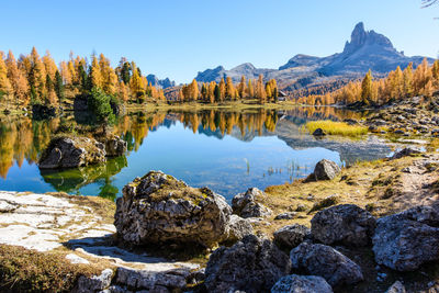 Scenic view of lake and mountains against clear sky