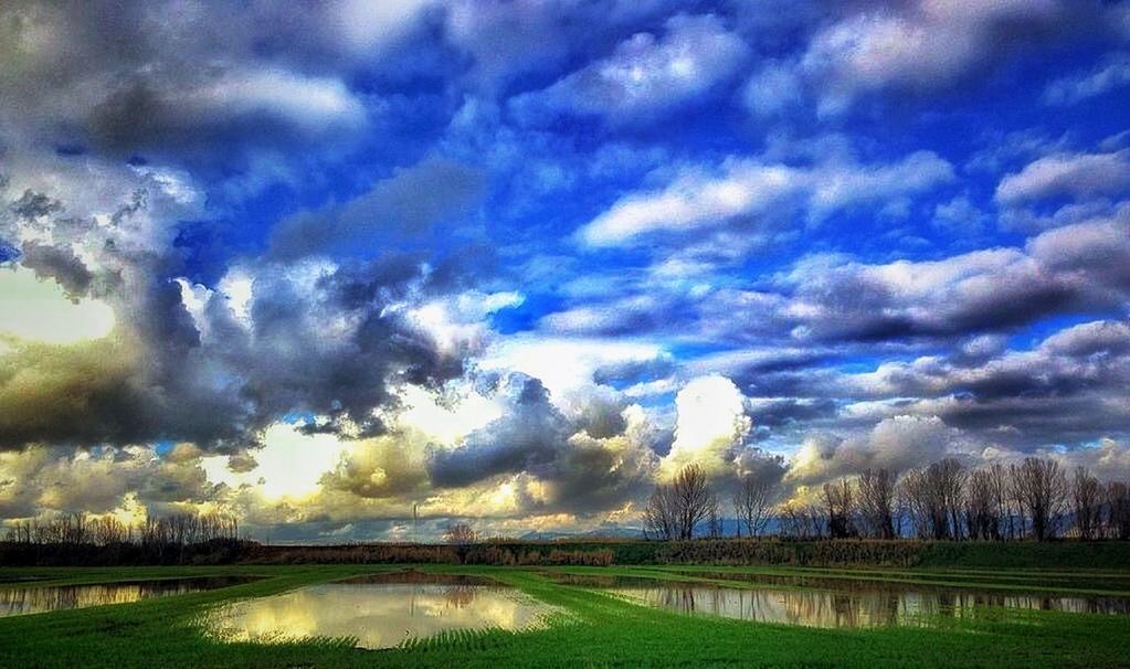 sky, water, cloud - sky, cloudy, tranquil scene, scenics, beauty in nature, tranquility, nature, cloud, grass, lake, landscape, idyllic, river, reflection, blue, field, outdoors, weather