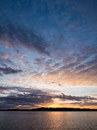 Scenic view of lake against dramatic sky during sunset