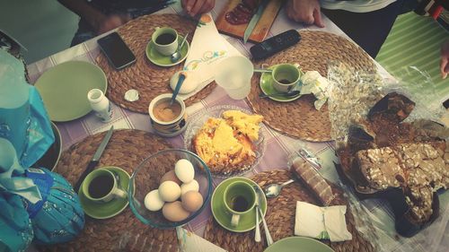 High angle view of food and drink on table