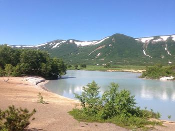 Scenic view of lake against clear sky