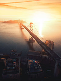 Bridge over river against sky during sunset