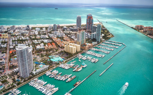 High angle view of city by sea