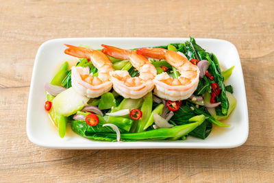 High angle view of food in plate on table