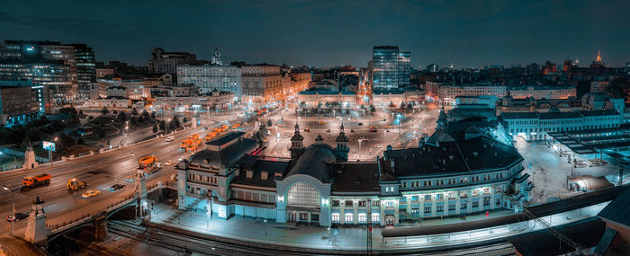 High angle view of city buildings at night