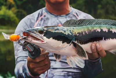 Midsection of man holding fish