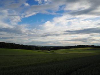 Scenic view of grassy field against cloudy sky