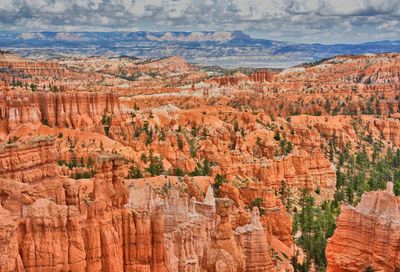 Aerial view of rock formations against cloudy sky