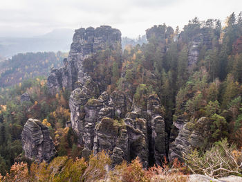 Rocks formation at bastei bridge in saxon switzerland germany on colorful sunny day in autumn