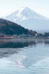 Scenic view of sea and mountains against sky