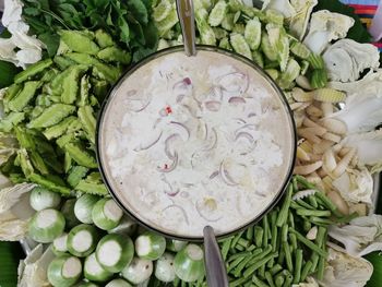 High angle view of chopped vegetables in bowl