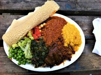 High angle view of meal served on table