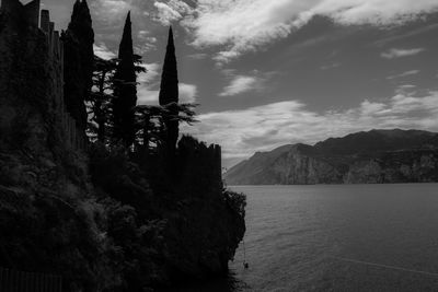 Scenic view of sea and mountains against sky