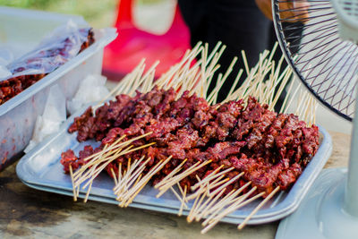 High angle view of meat on table