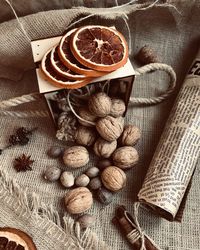 High angle view of walnuts on table