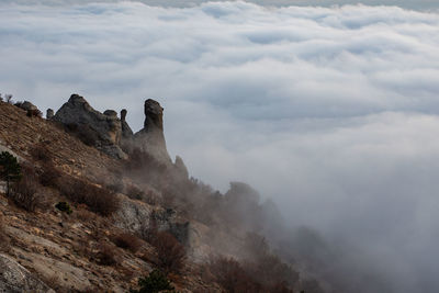 Rock formations on mountain against sky