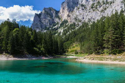 Scenic view of lake by trees against sky