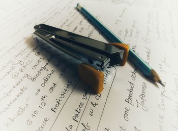 High angle view of pen on table