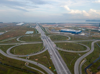 High angle view of highway against sky in city