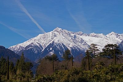 Scenic view of snowcapped mountains against blue sky