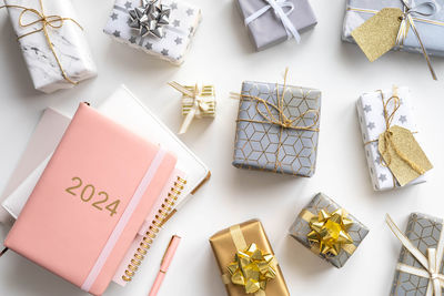 High angle view of christmas presents on table