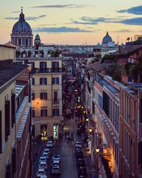 High angle view of city street at sunset