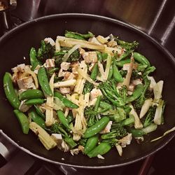 High angle view of vegetables in cooking pan